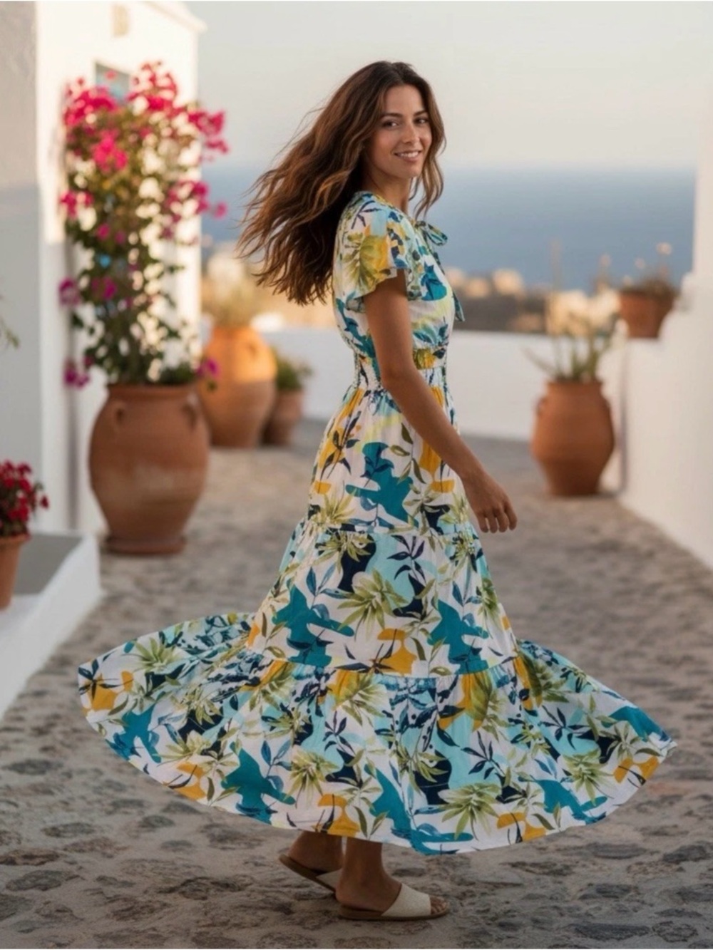 Cynthia Rowley Teal, Yellow & White Floral Tiered Maxi Dress